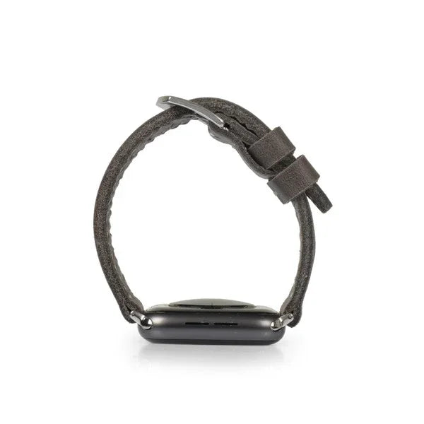 Gray full-grain leather watch band on smartwatch, side view, white background