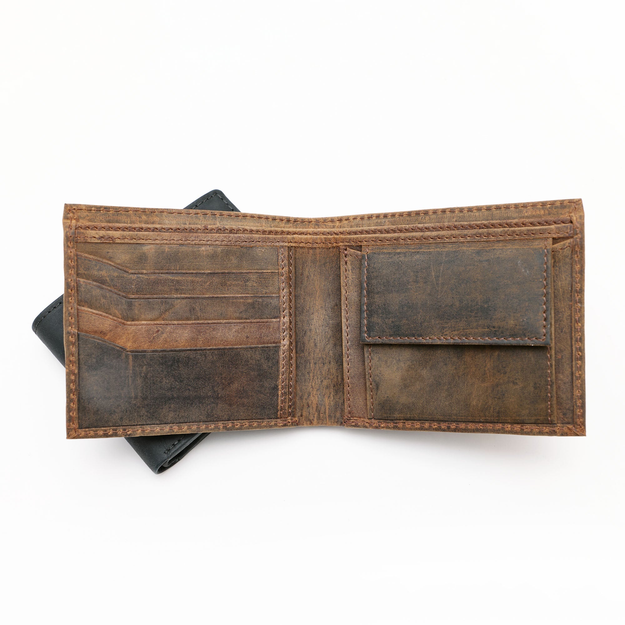Two leather wallets on white background, with one open to show card holders. 
